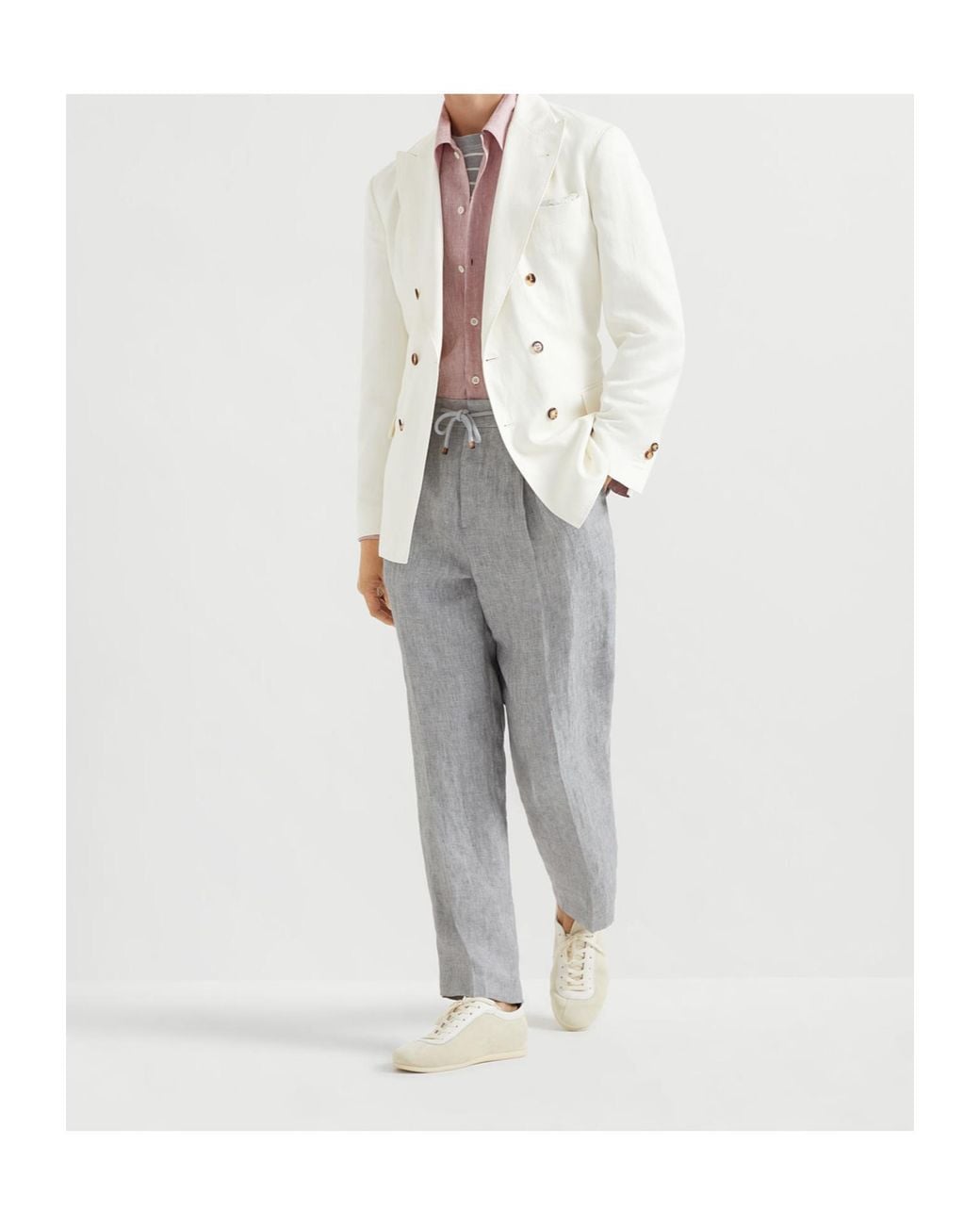 Brunello Cucinelli Gray Linen Chevron Leisure Fit Pants for men
