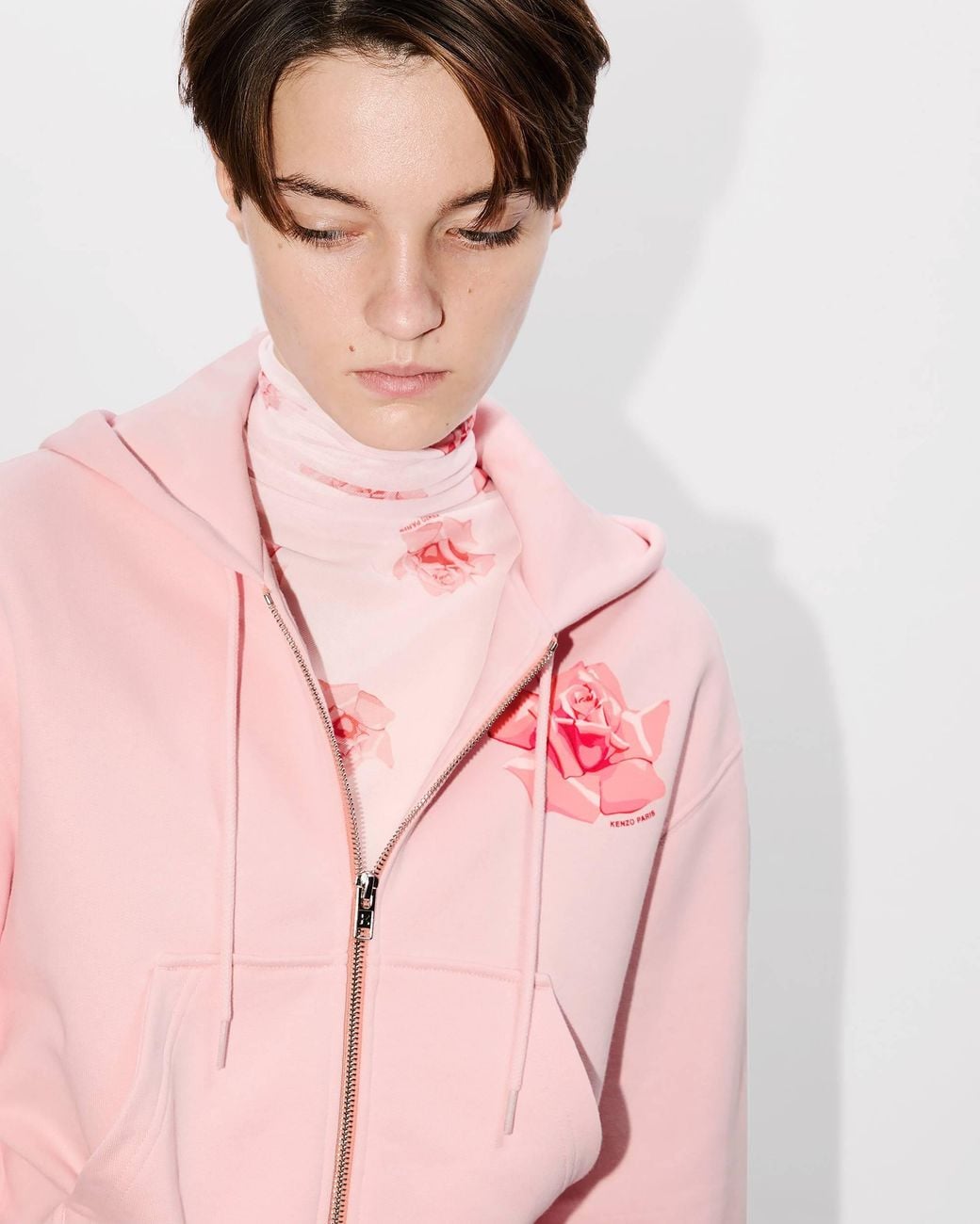 KENZO Pink Rose Printed Zipped Hoodie for men