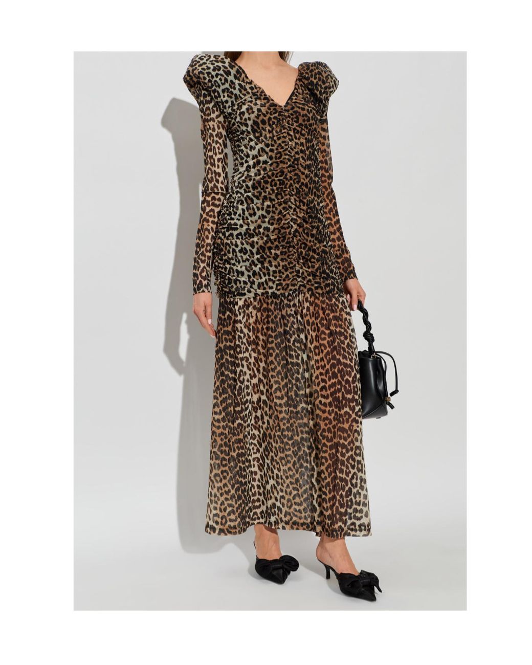 Ganni Natural Leopard Printed V-Neck Dress