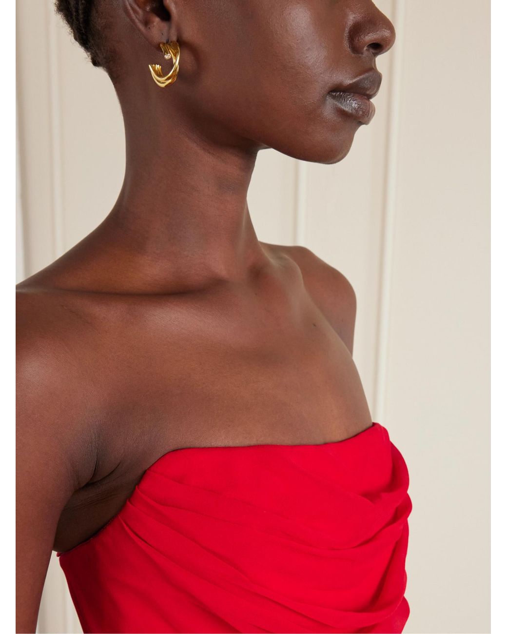Carolina Herrera Red Strapless Draped Silk-Chiffon Midi Dress