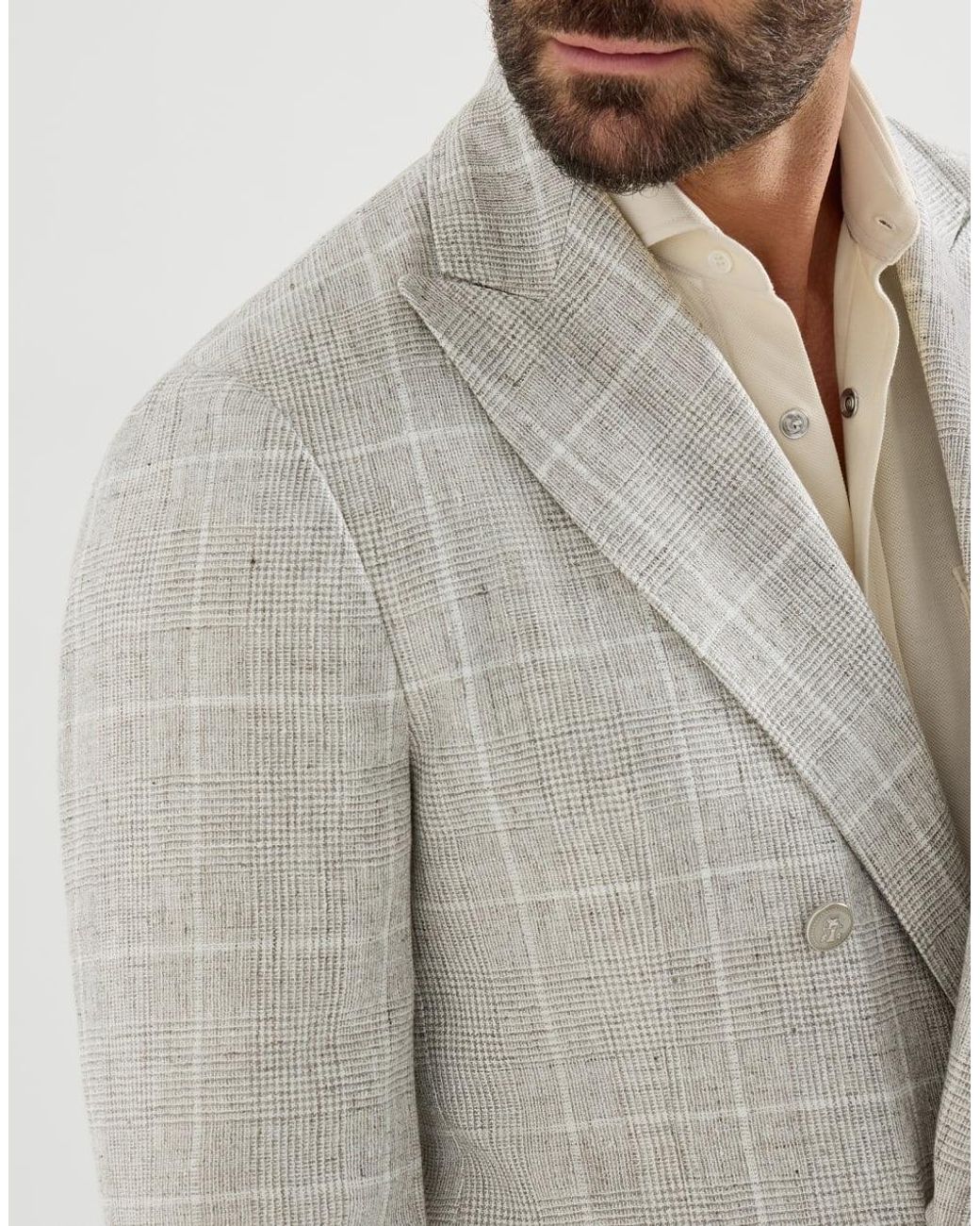 Brunello Cucinelli Gray Linen Prince Of Wales One-And-A-Half Breasted Deconstructed Blazer With Metal Buttons for men