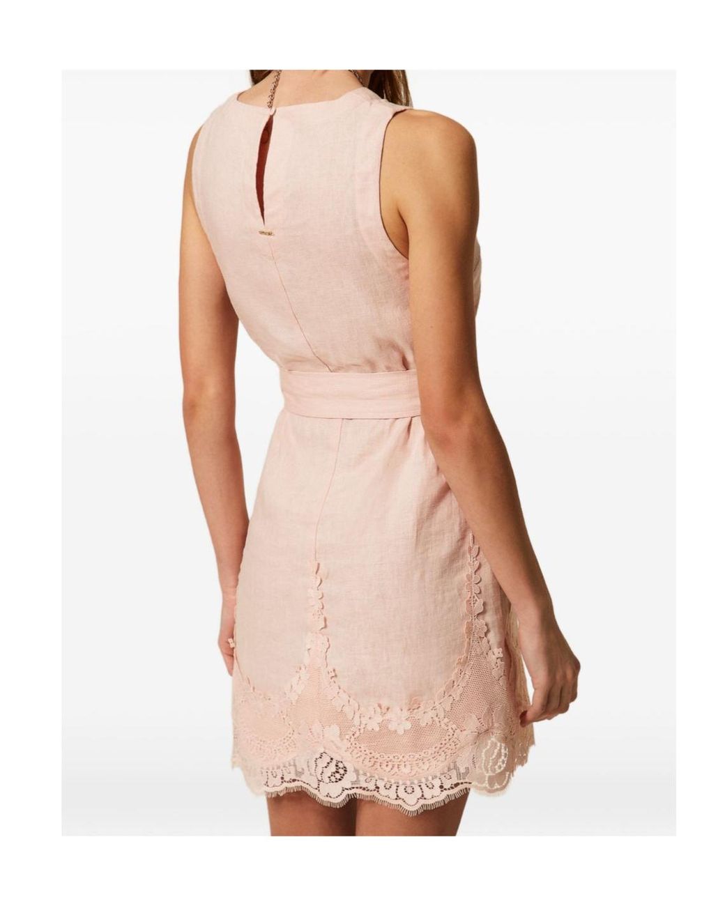 Twinset Pink Belted Lace-Trim Mini Dress