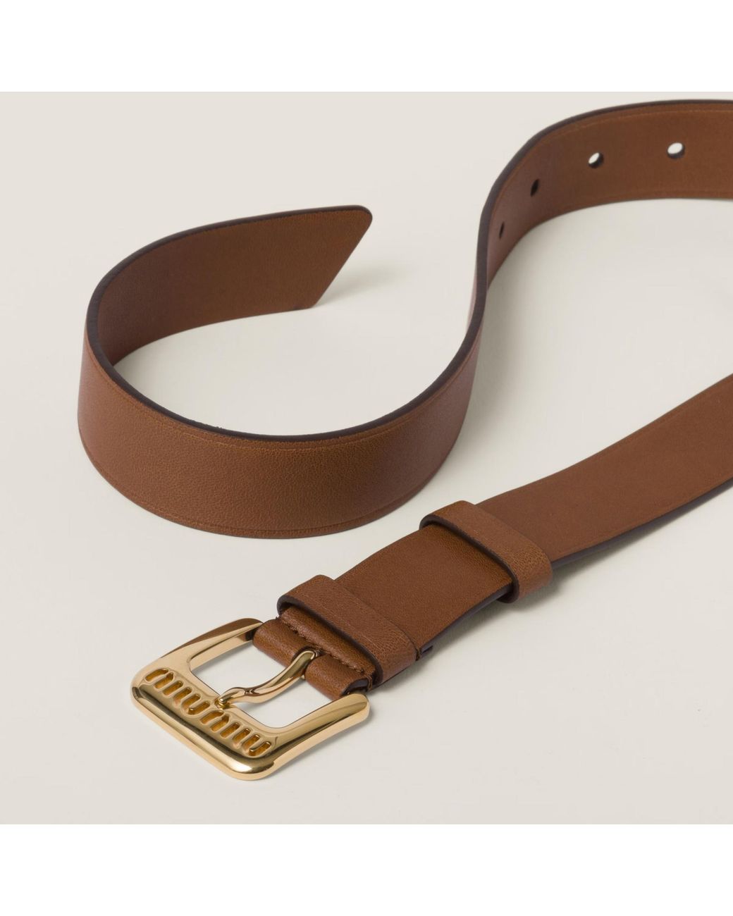 Miu Miu Brown Cut-Out Logo Embossed Buckled Belt