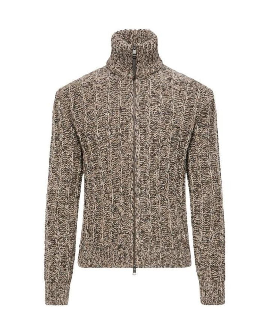 Moncler Brown Wool Blend Bouclé Zip-Up Cardigan for men