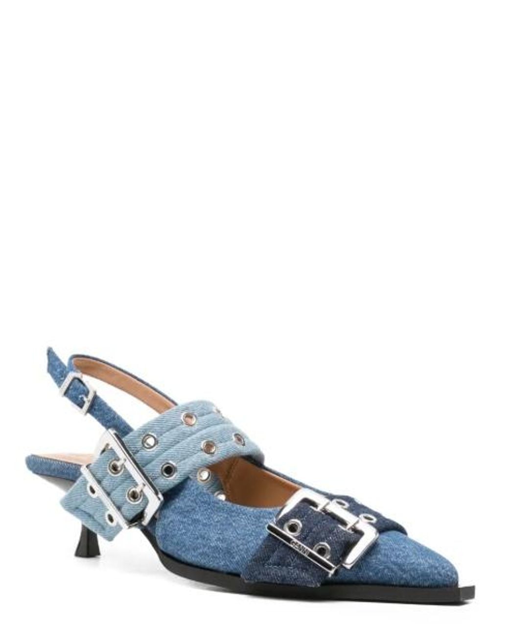 Ganni Blue Buckle-Detail Denim Pumps