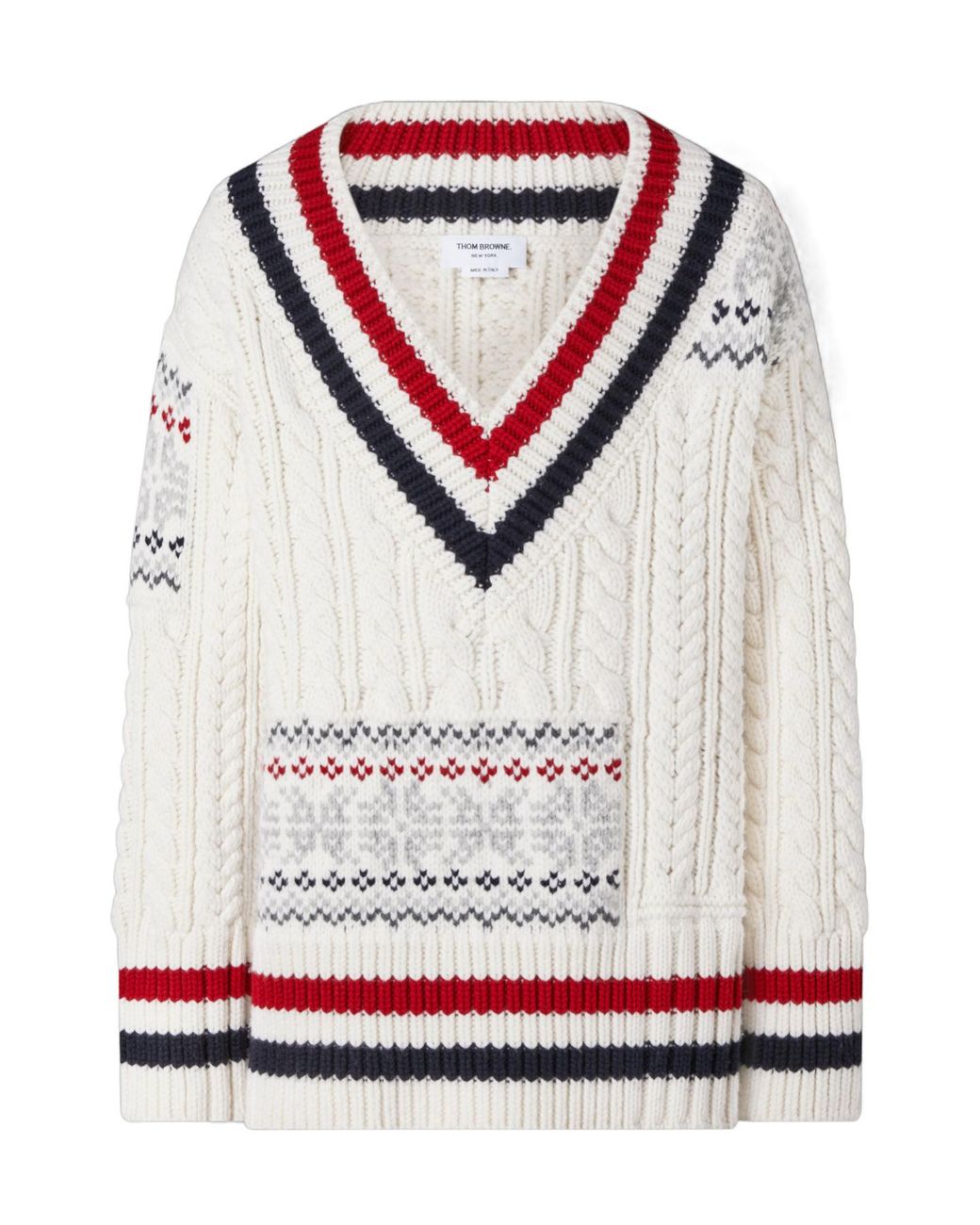 Thom Browne Gray Merino-Wool Fair Isle Cable-Knit Pullover for men