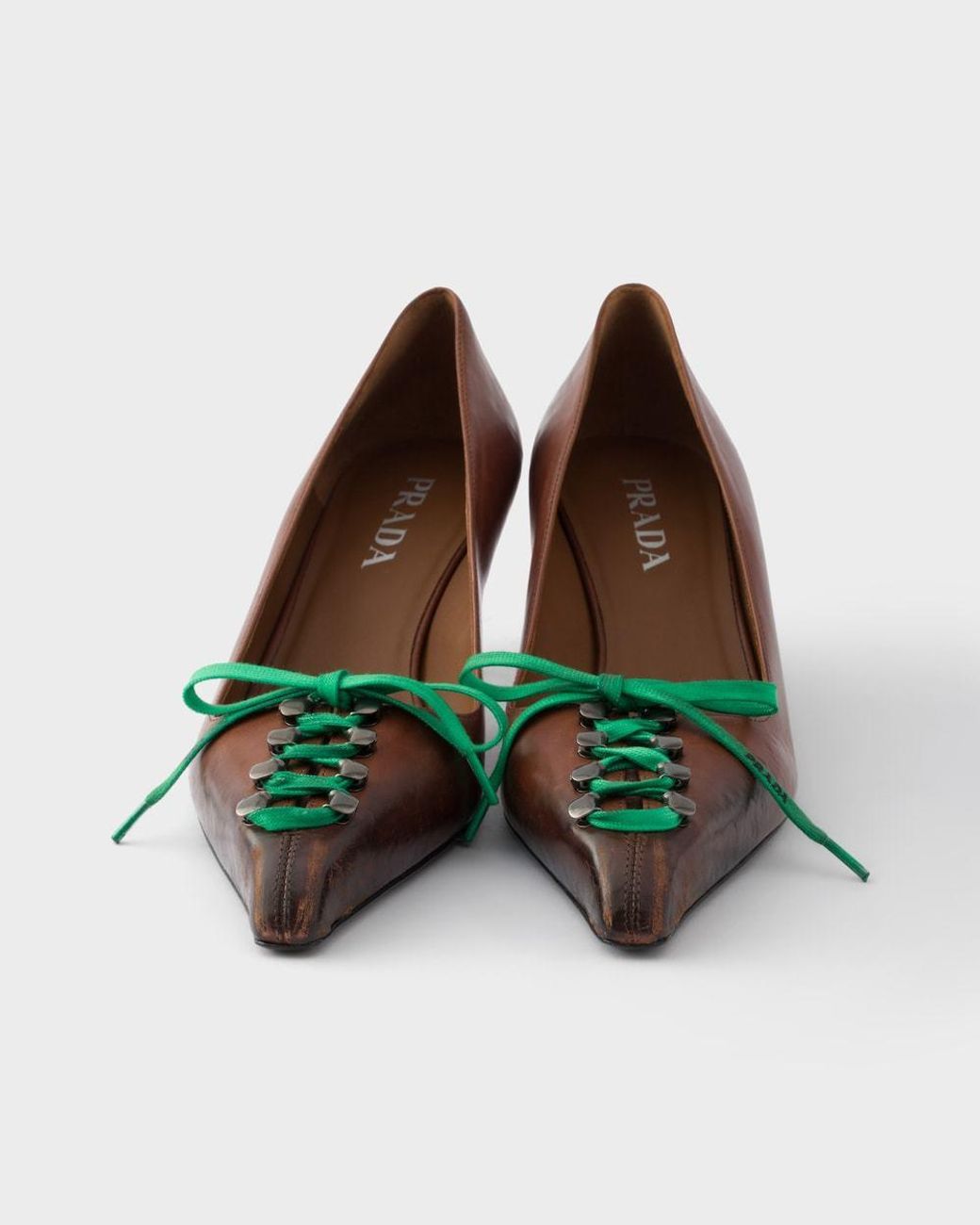 Prada Brown Lace-Up Kitten Heeled Pumps