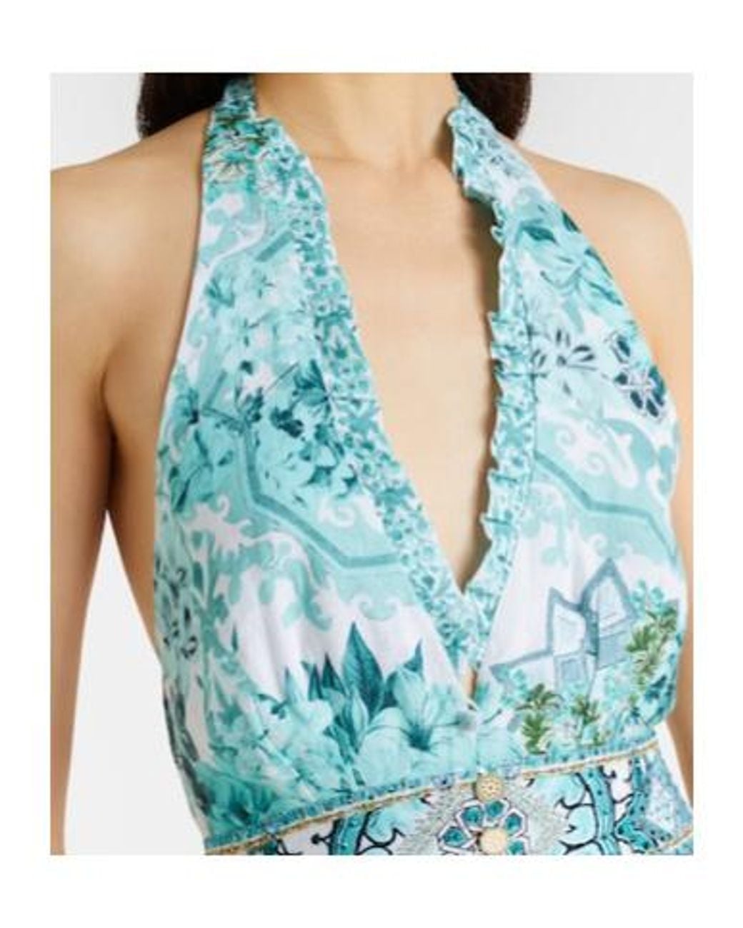 Camilla Blue Embellished Ruffled Halterneck Linen Midi Dress