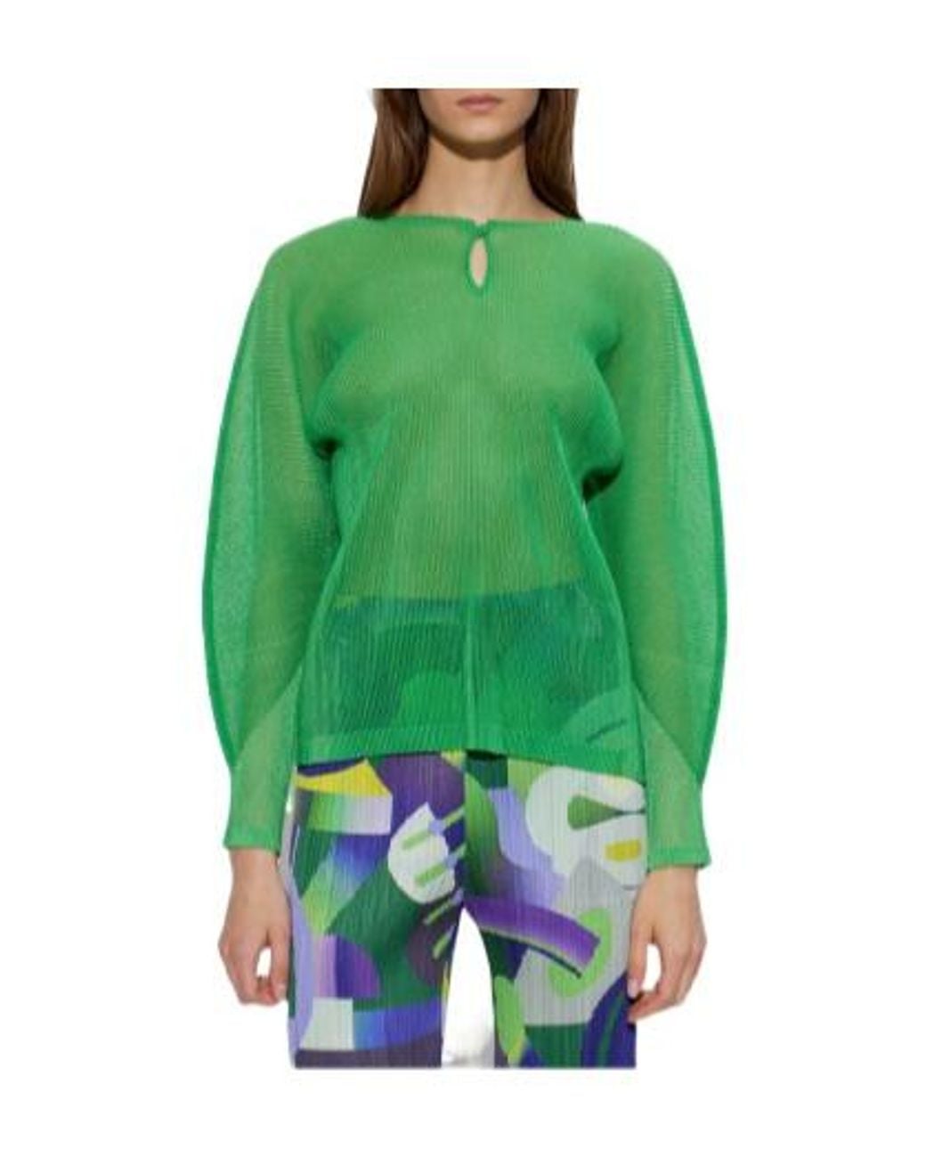 Pleats Please Issey Miyake Green Tatami April Keyhole-Neck Blouse