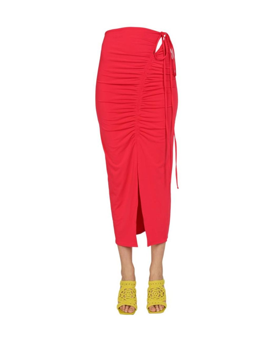Self-Portrait Red Ruched Drawstring Midi Skirt