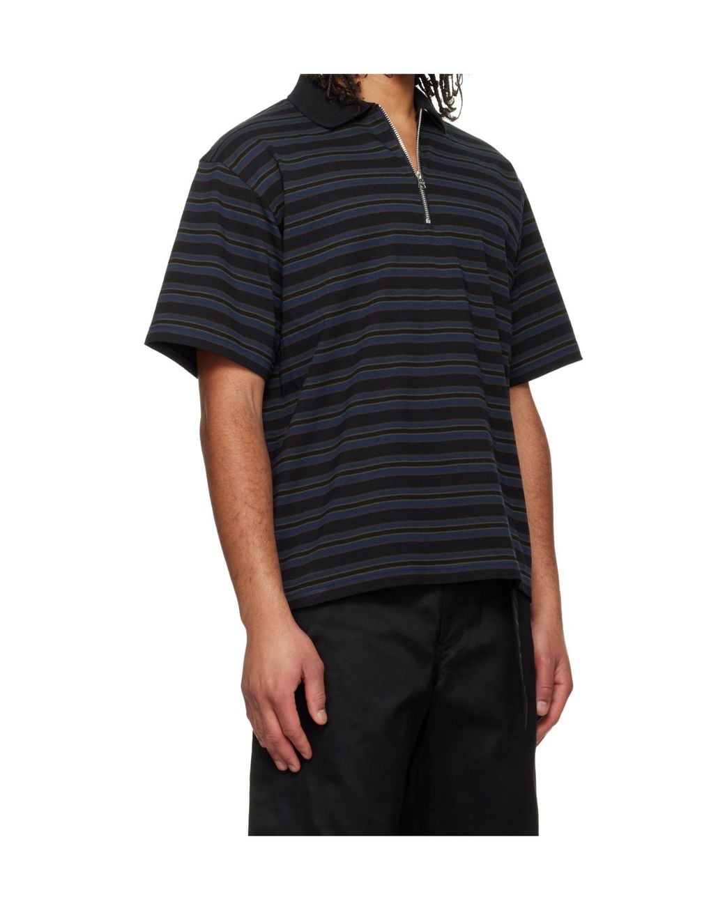 Sacai Black Striped Half-Zip Polo Shirt for men