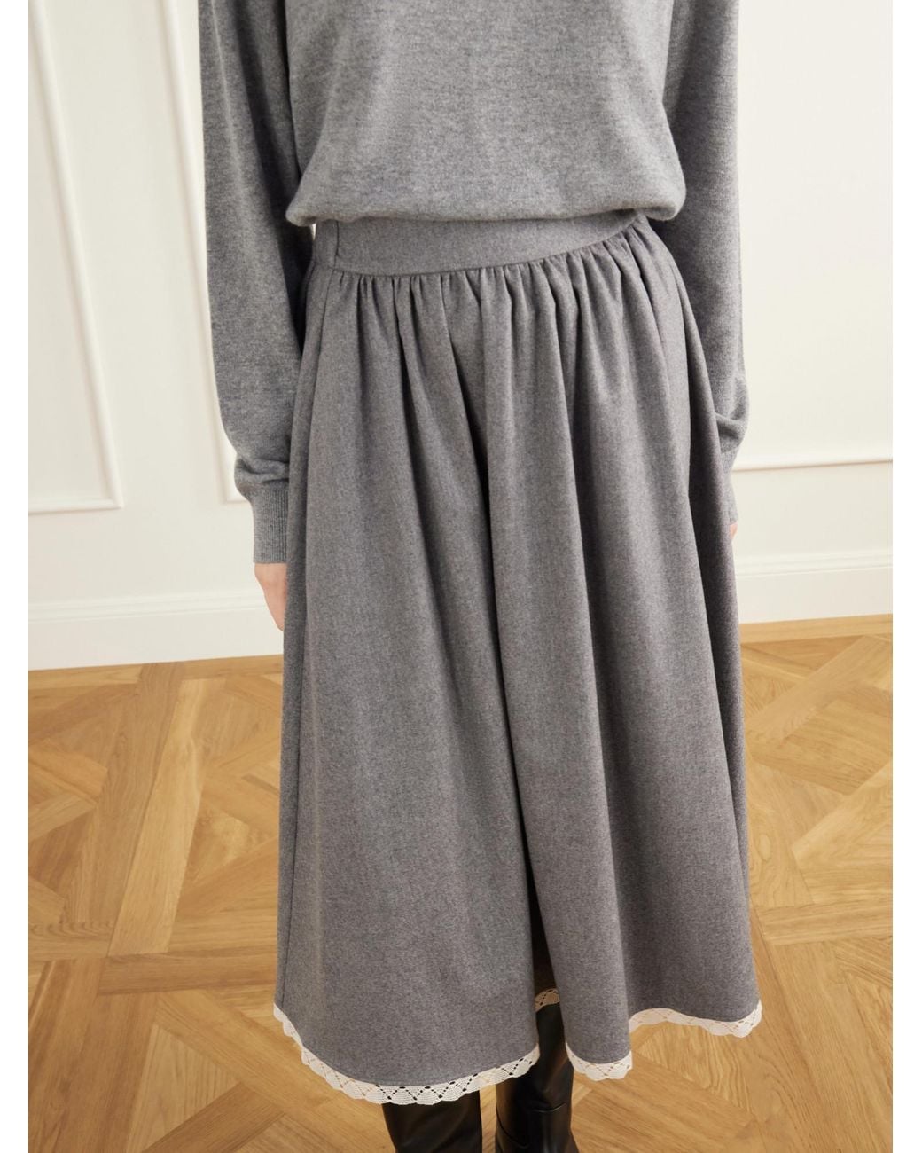 Maria McManus Gray Lace-Trimmed Wool Flannel Midi Skirt