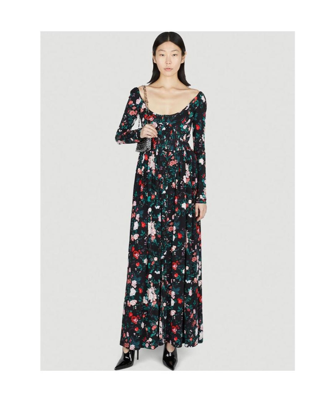 Rabanne Black Rose-Print Ruched Maxi Dress