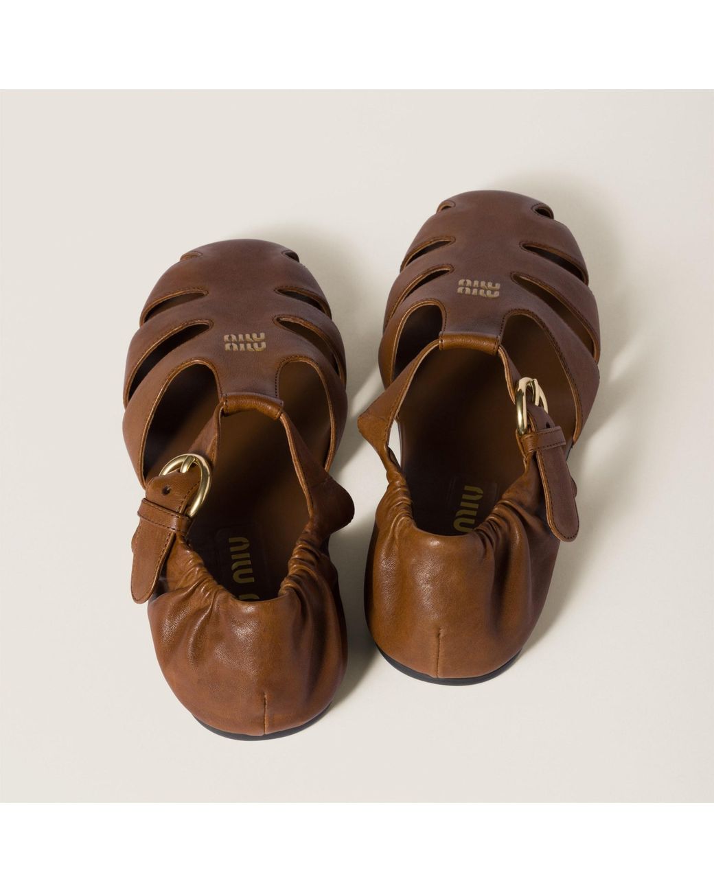 Miu Miu Nappa Leather Ruches Fisherman Sandals in Brown | Lyst