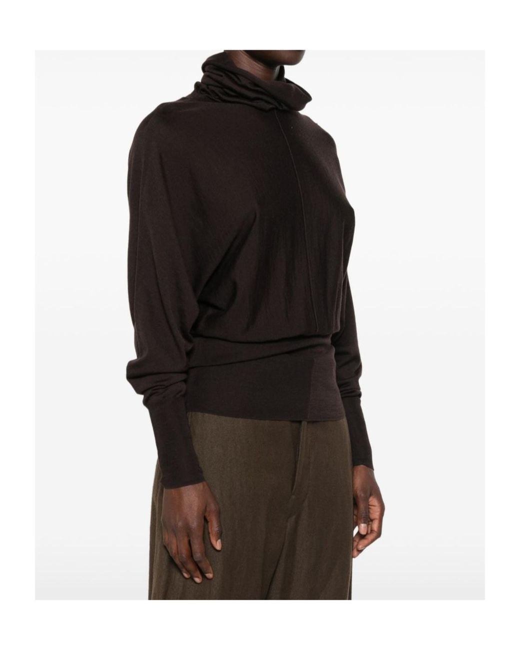 Soeur Brown Sheer, Draped, High-Neck Long-Sleeve Knit Top