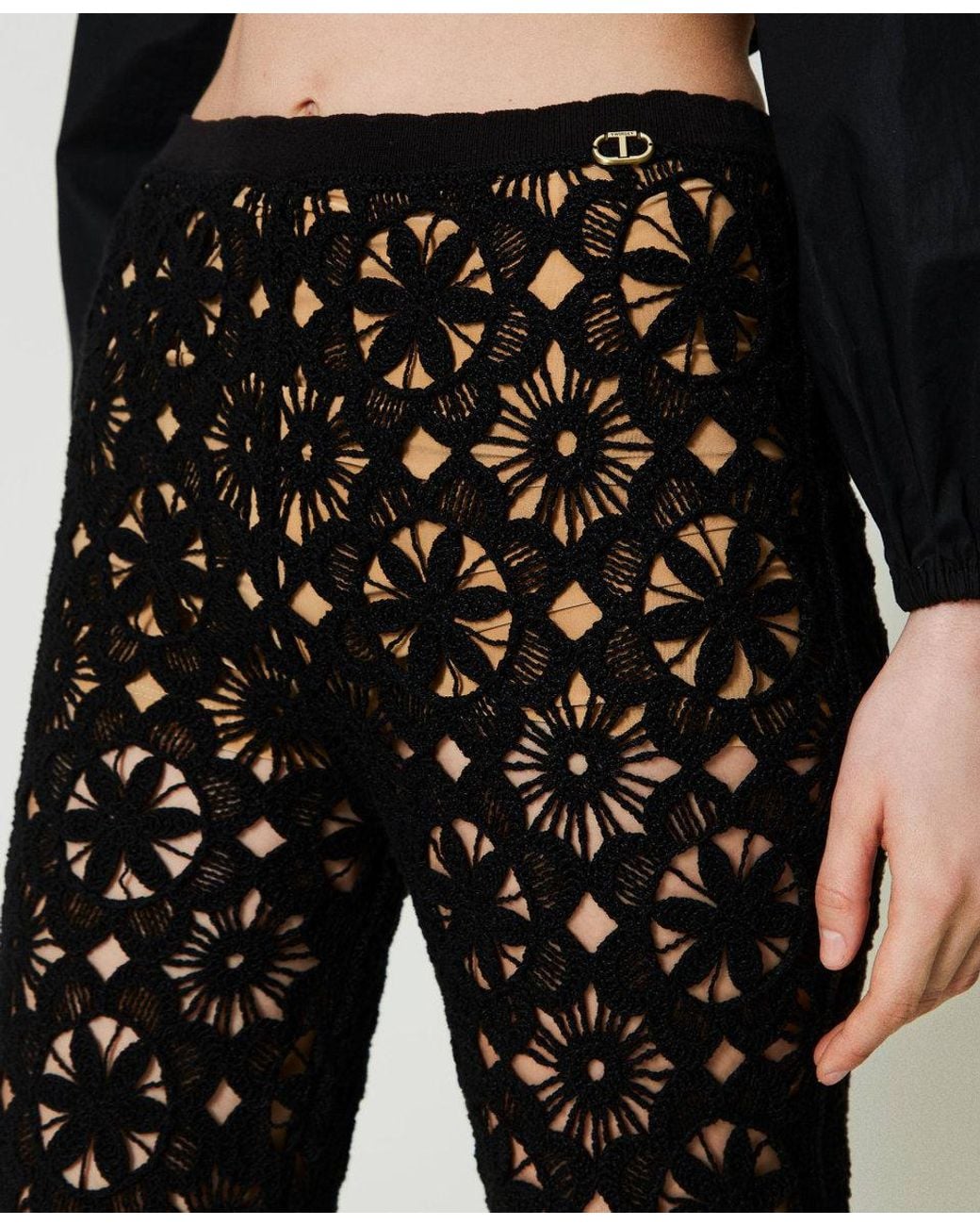 Twinset Black Floral-Crochet Flared Trousers