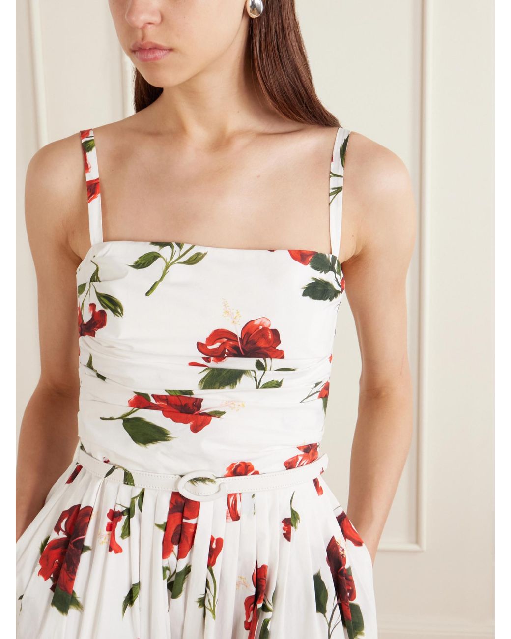 Oscar de la Renta White Belted Pleated Floral-Print Cotton-Blend Poplin Midi Dress