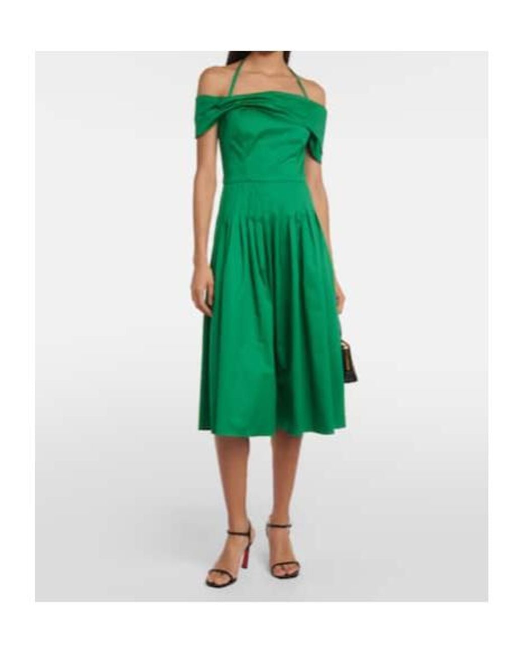 Oscar de la Renta Green Off-Shoulder Silk Midi Dress