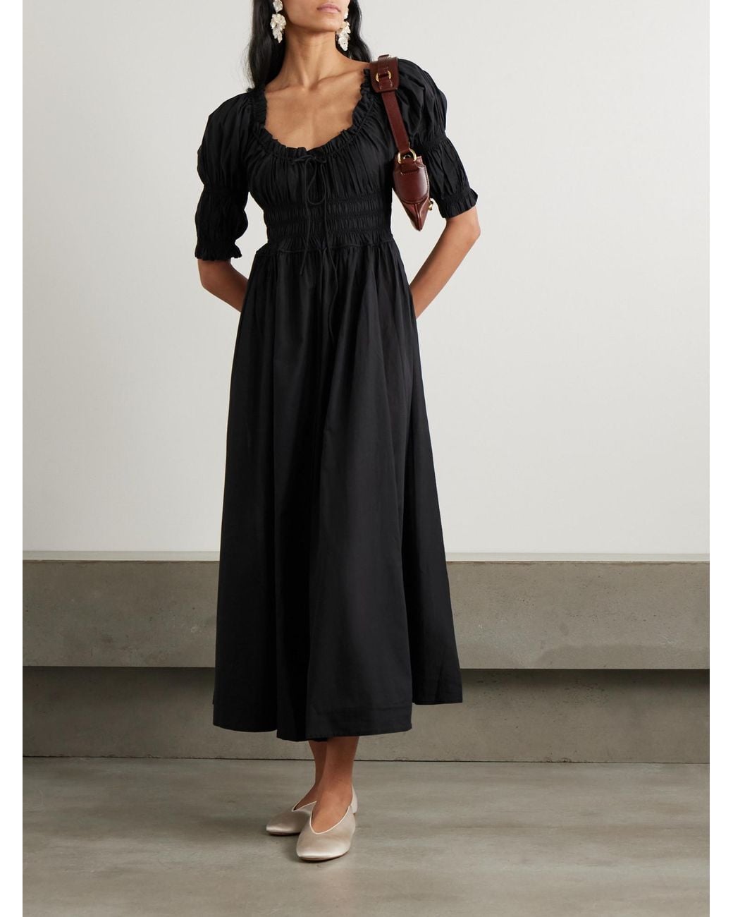 Doen Black Ischia Shirred Organic Cotton-Voile Midi Dress