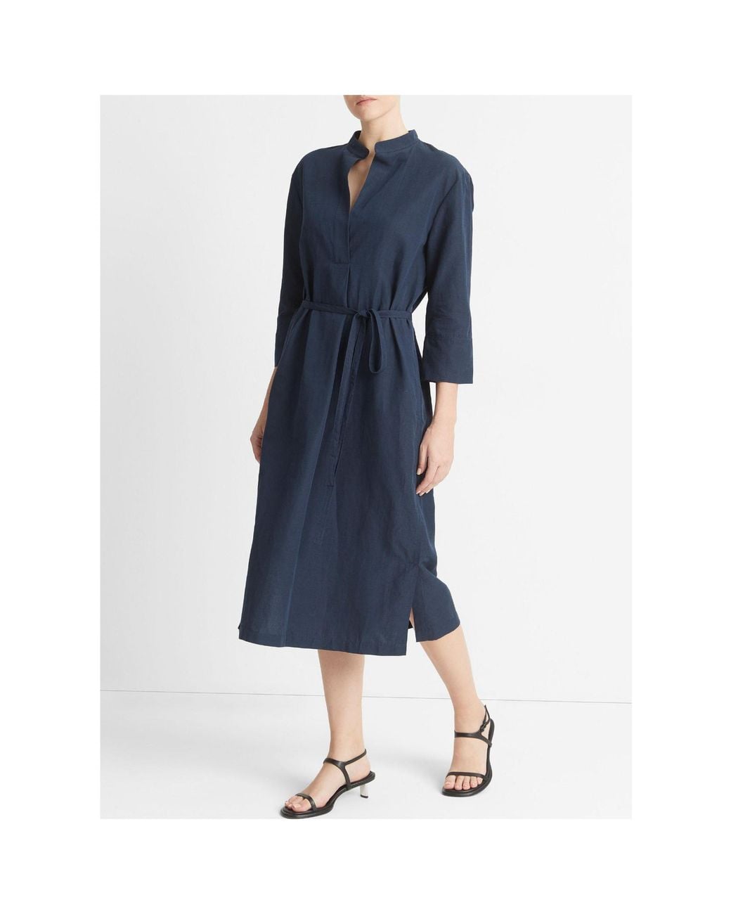 Vince Blue Band-Collar V-Neck Midi Dress
