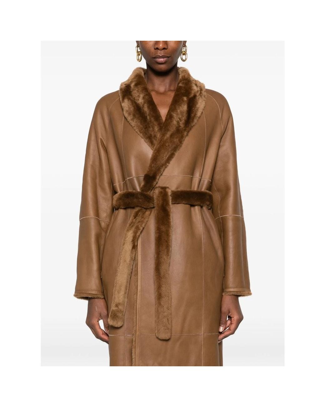 Yves Salomon Brown Belted Reversible Shearling Coat