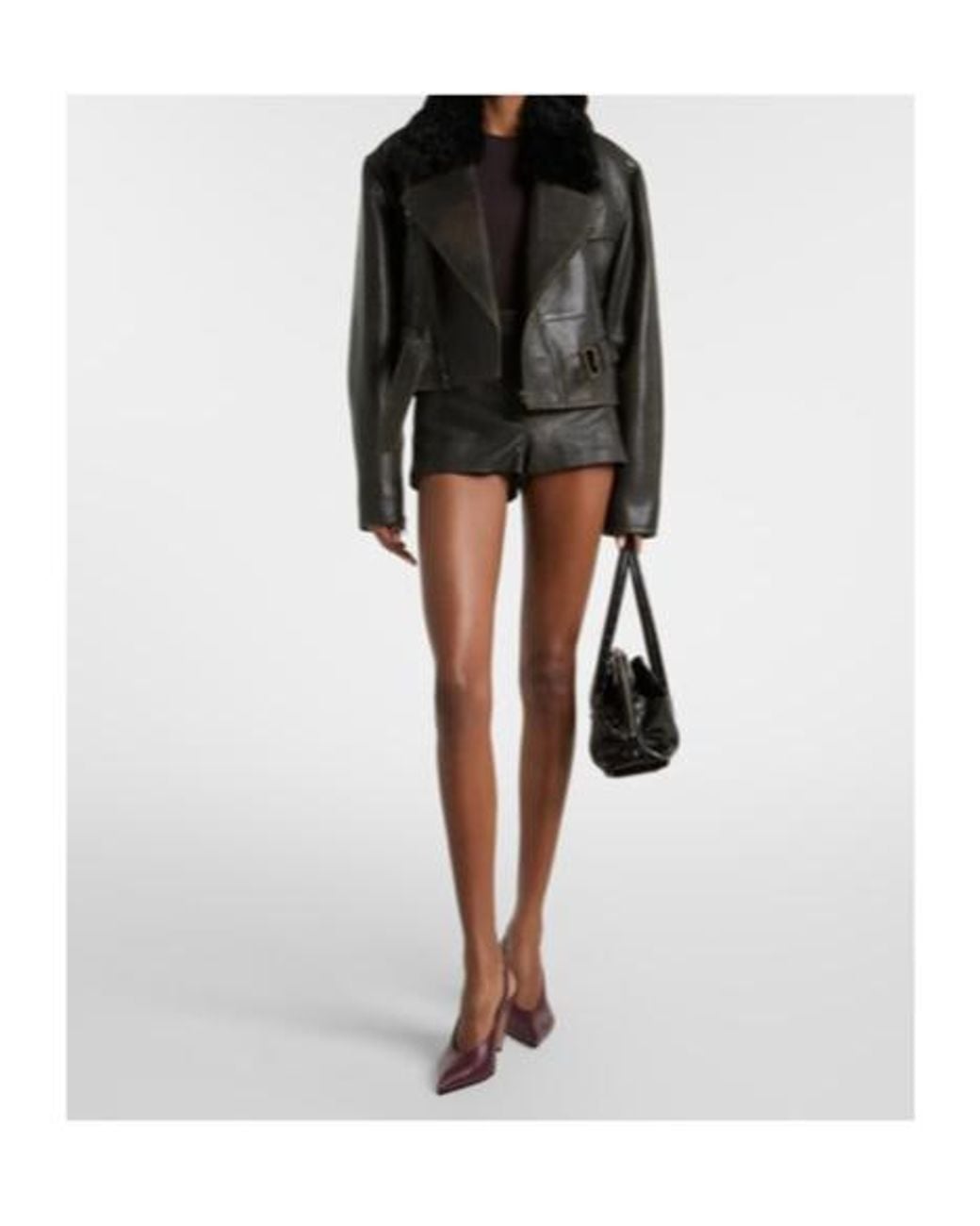 Alex Perry Black Shearling-Trimmed Cropped Leather Biker Jacket
