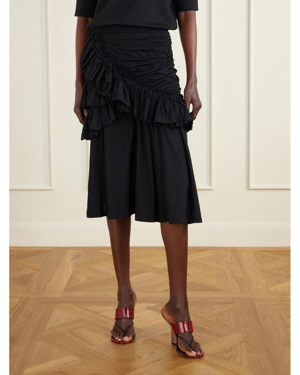 Dries Van Noten Black Midi Skirt With Ruffles And Drapes