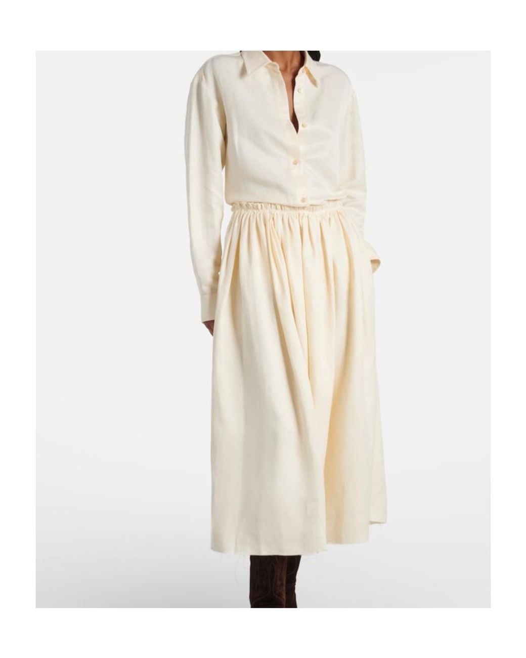 Gabriela Hearst White Chiara Gathered Linen Midi Skirt