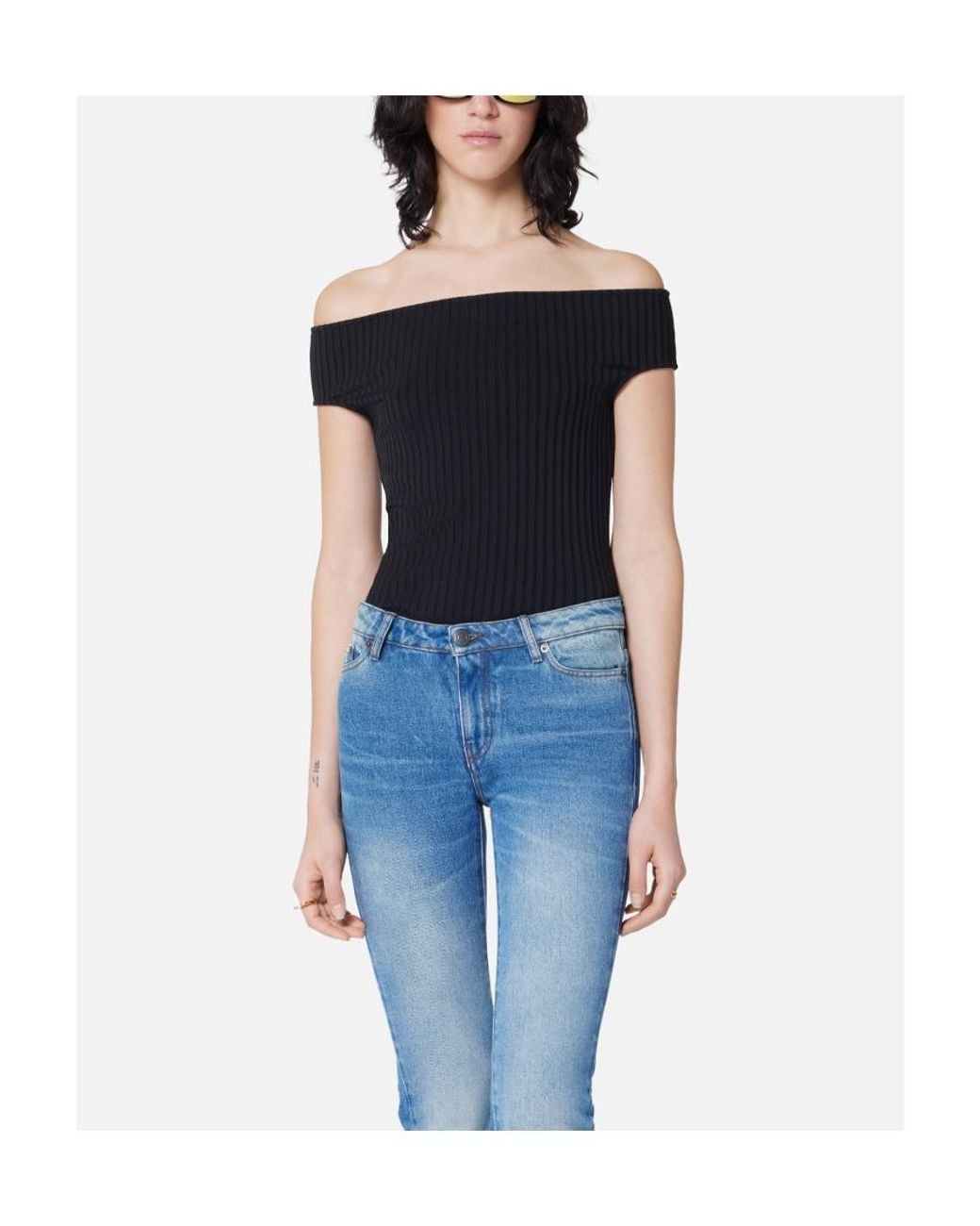 AMI Black Ami Off-Shoulder Ribbed Knit Bodysuit