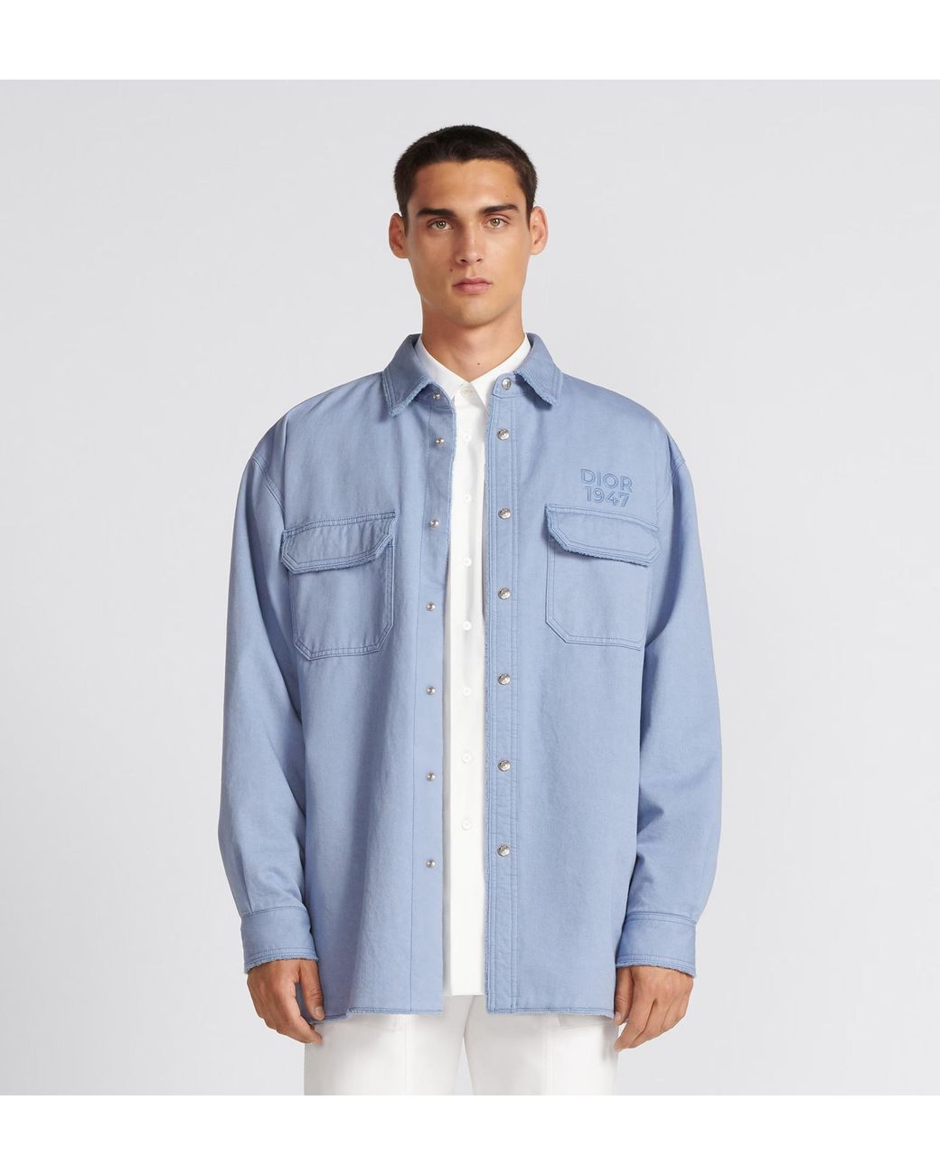 Dior Blue Homme 1947 Logo Embroidered Long-Sleeved Overshirt for men