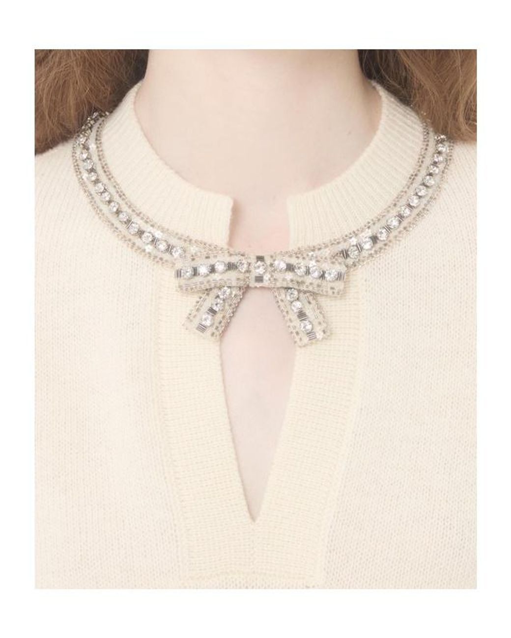 Valentino Natural Bow Embellished V-Neck Jumper