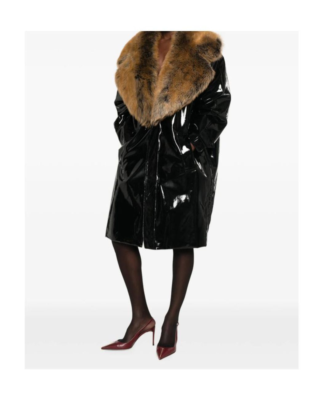 Saint Laurent Black Glossy Shearling-Collar Coat