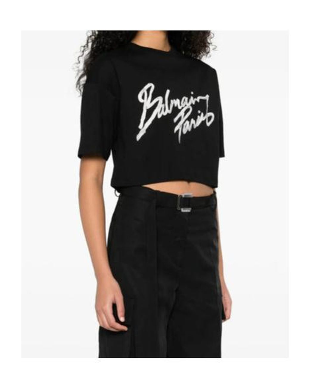Balmain Black Graphic Printed Cropped T-Shirt