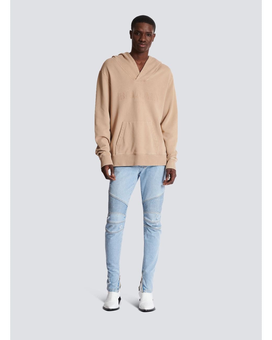 Balmain Natural Embroidered Logo Hoodie for men