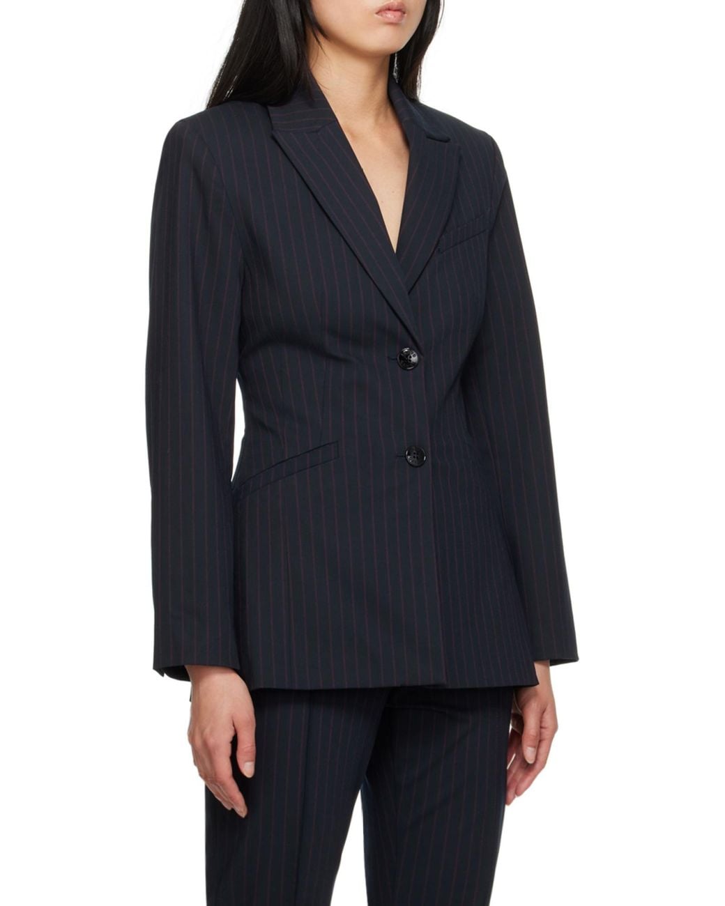 Ganni Blue Pinstriped Long-Sleeved Blazer