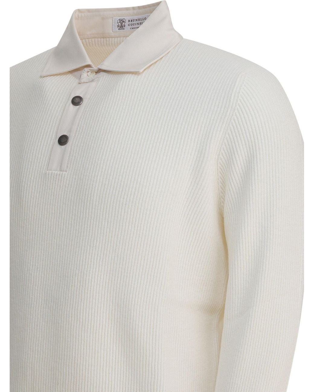 Brunello Cucinelli White English Rib Knit Twill Spread Collar Polo Shirt for men