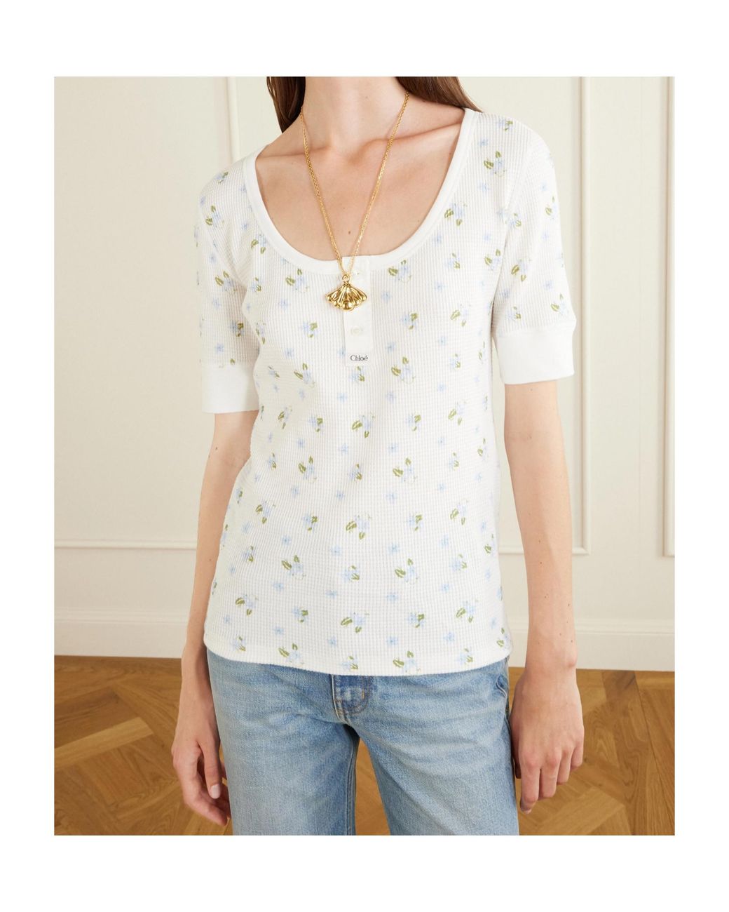 Chloé White Floral-Print Waffle-Knit Cotton-Jersey T-Shirt