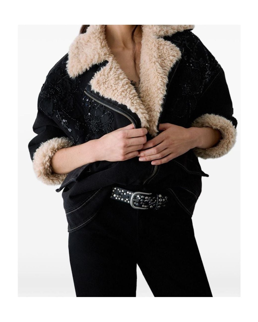 Liu Jo Black Embellished Faux Fur Denim Jacket