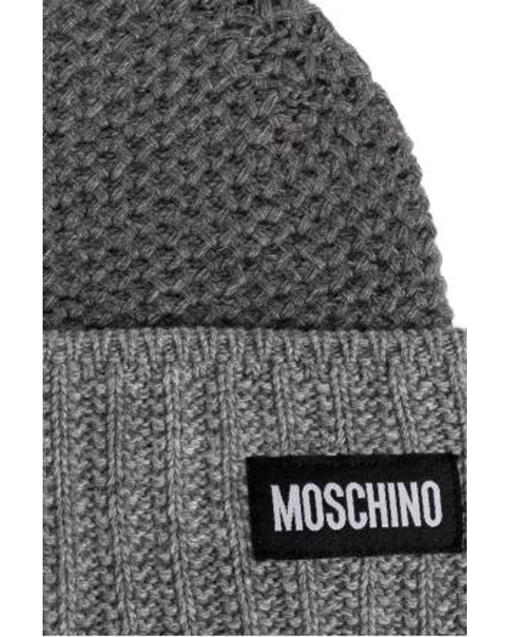 Moschino Gray Logo Patch Knitted Hat for men