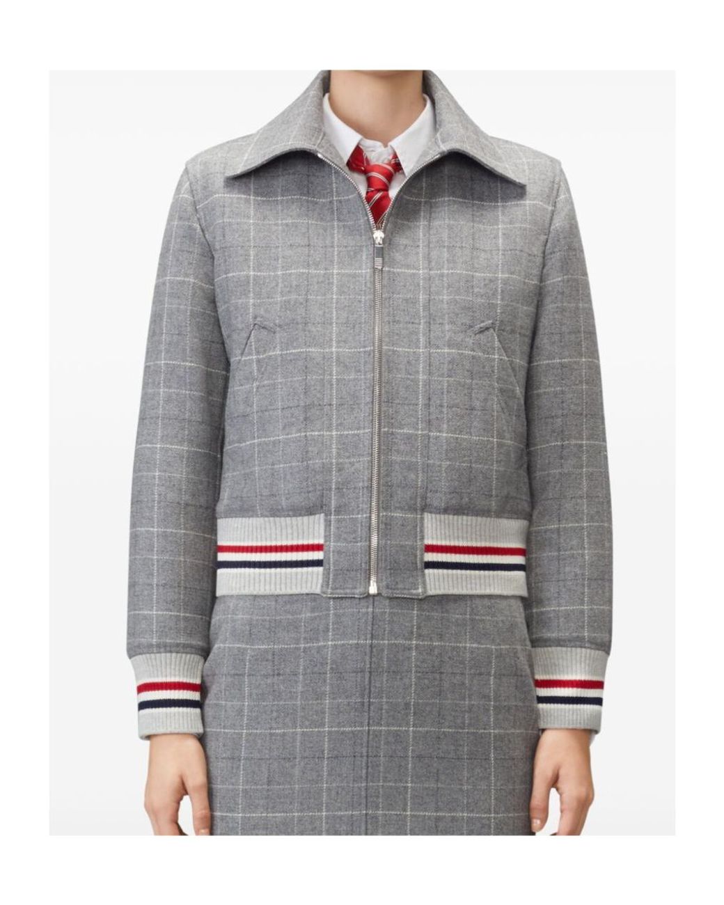 Thom Browne Gray Windowpane Houndstooth Zipped Tweed Jacket