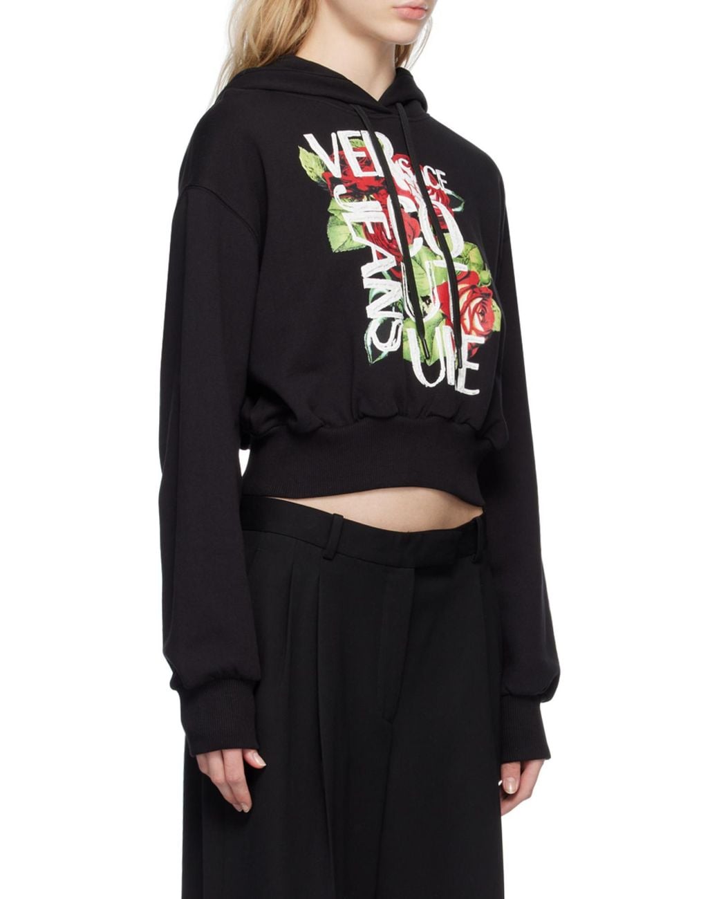 Versace Jeans Black Cropped Logo-Print Cotton Hoodie