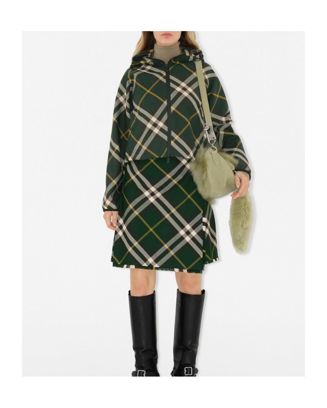 Burberry Green Check-Pattern Zip-Up Hooded Cropped Jacket