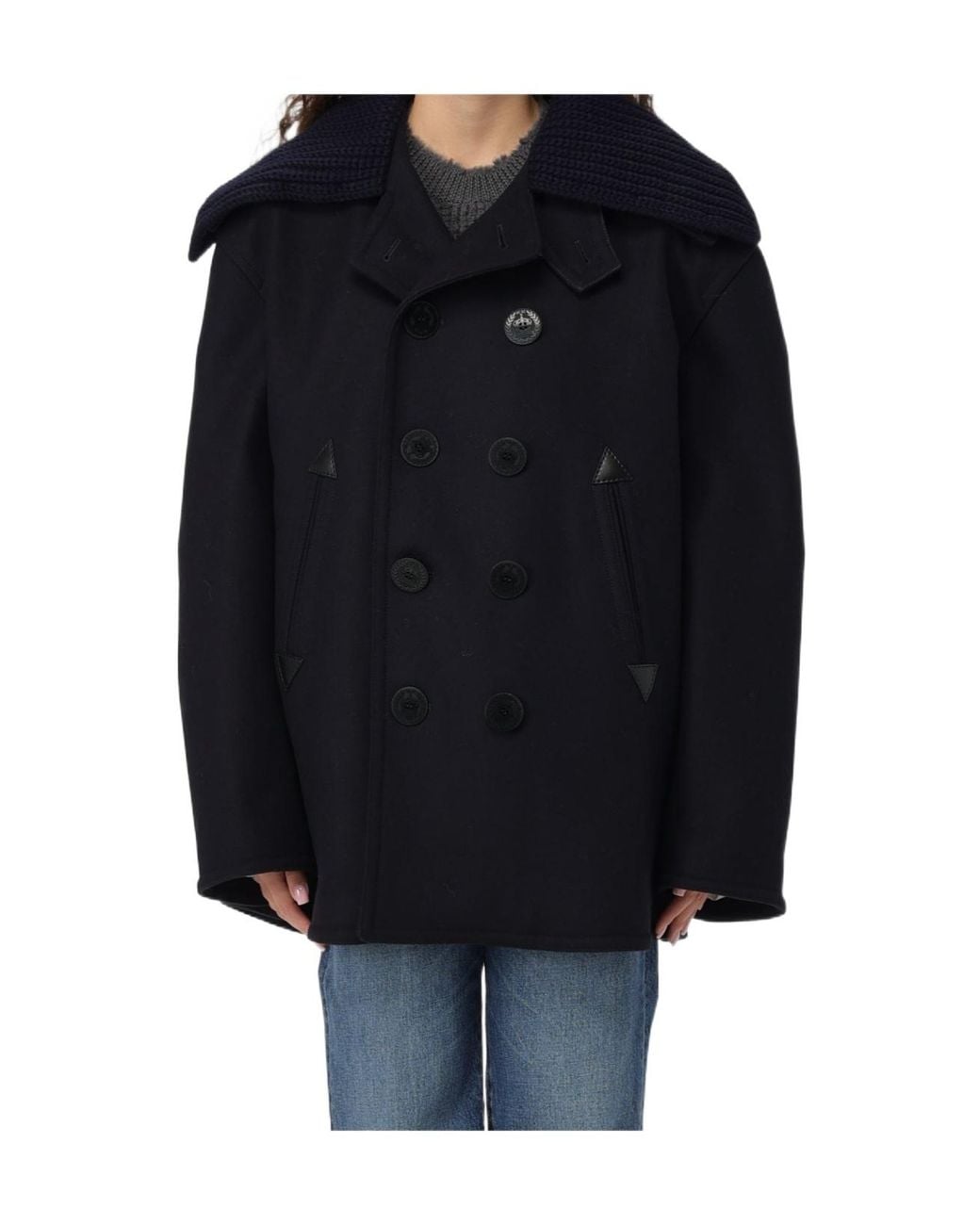 DSquared² Blue Ribbed-Knit Collar Double-Breasted Coat