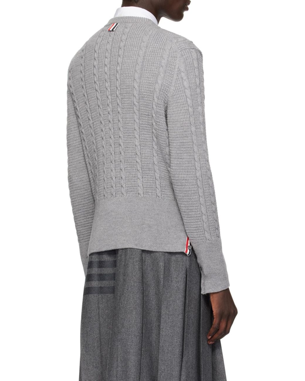 Thom Browne Gray Rwb-Striped Cable-Knitted Crewneck Jumper for men
