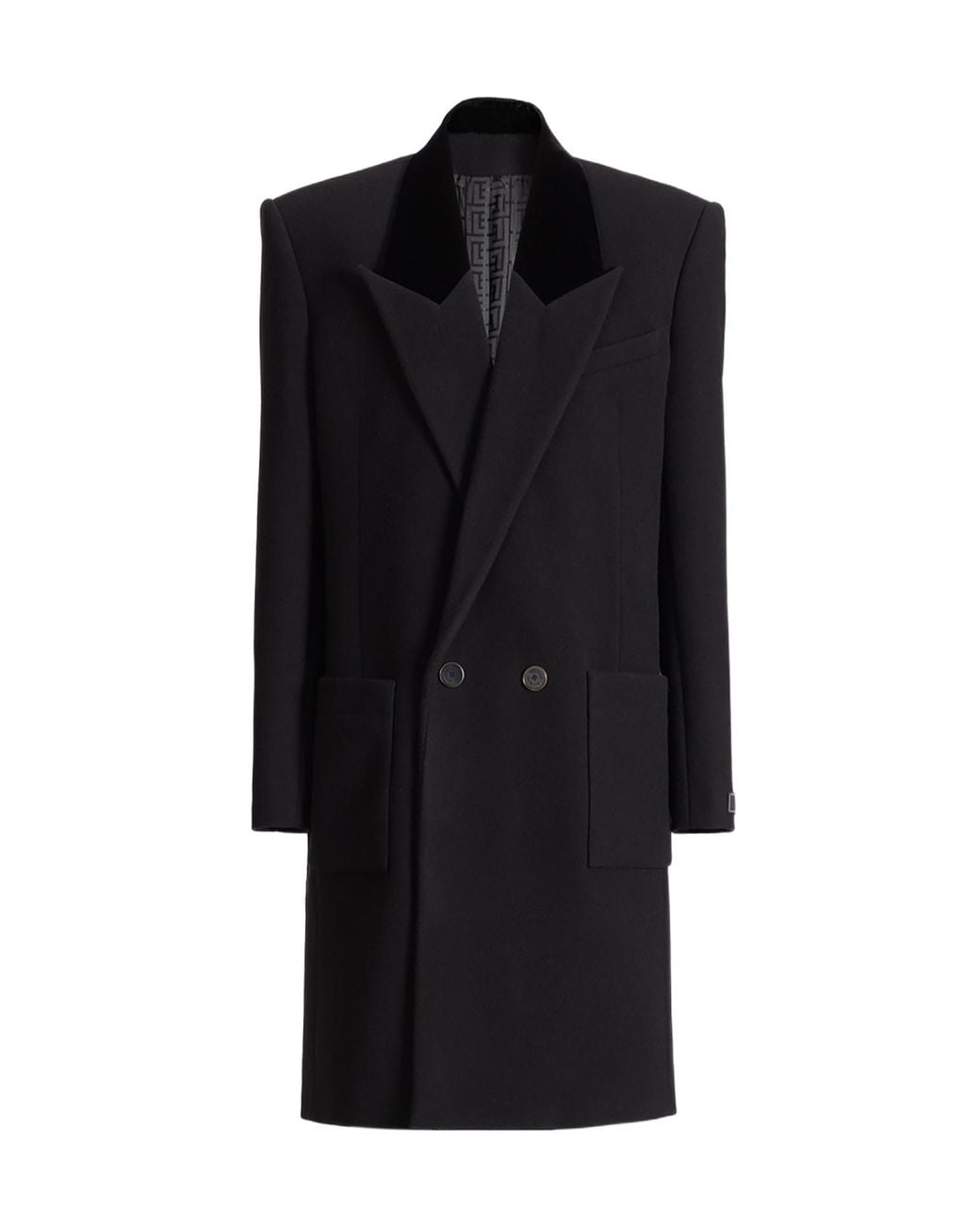 Balmain Black Long Wool And Velvet Coat for men