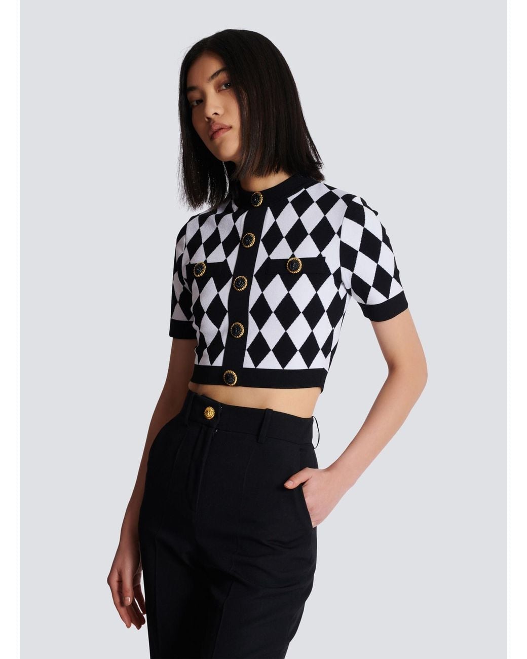 Balmain Black Buttoned Diamond Crop Top