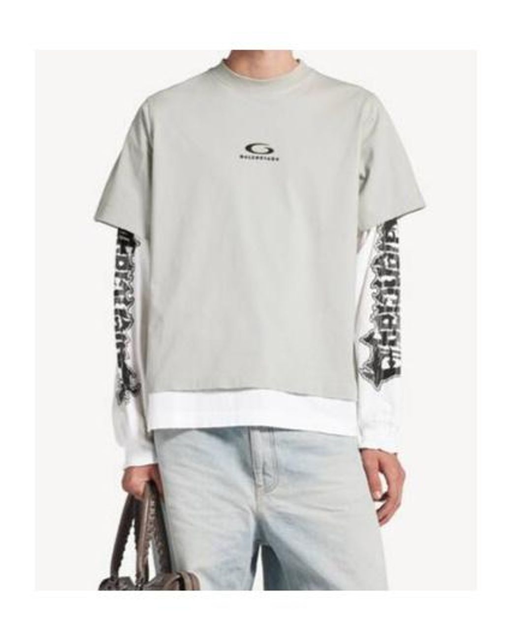 Balenciaga Gray Logo Double-Layer T-Shirt for men