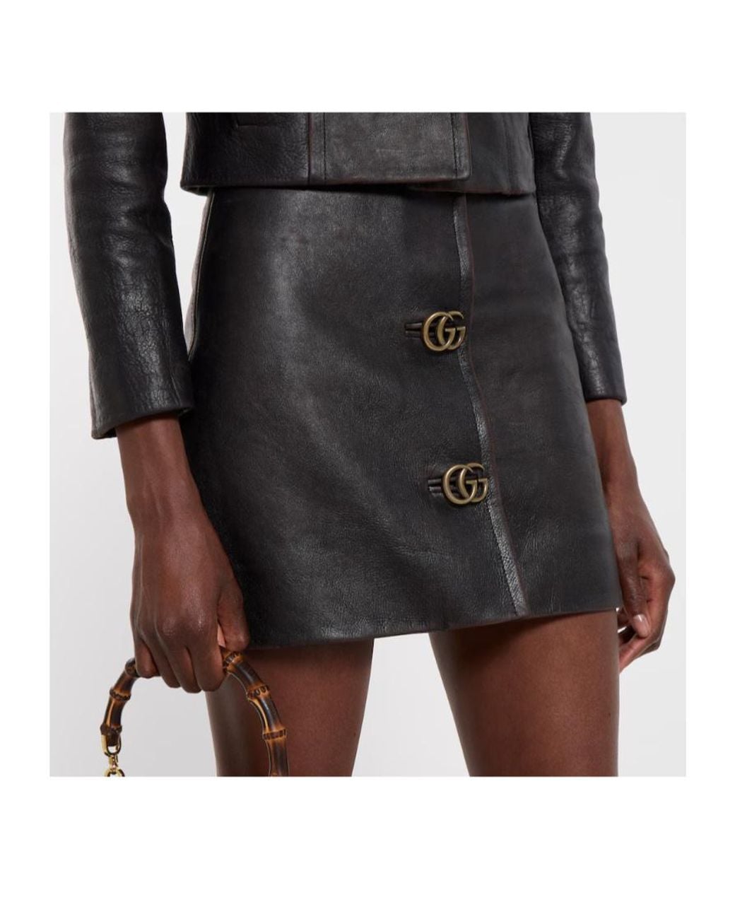 Gucci Black Gg Embellished Leather Mini Skirt