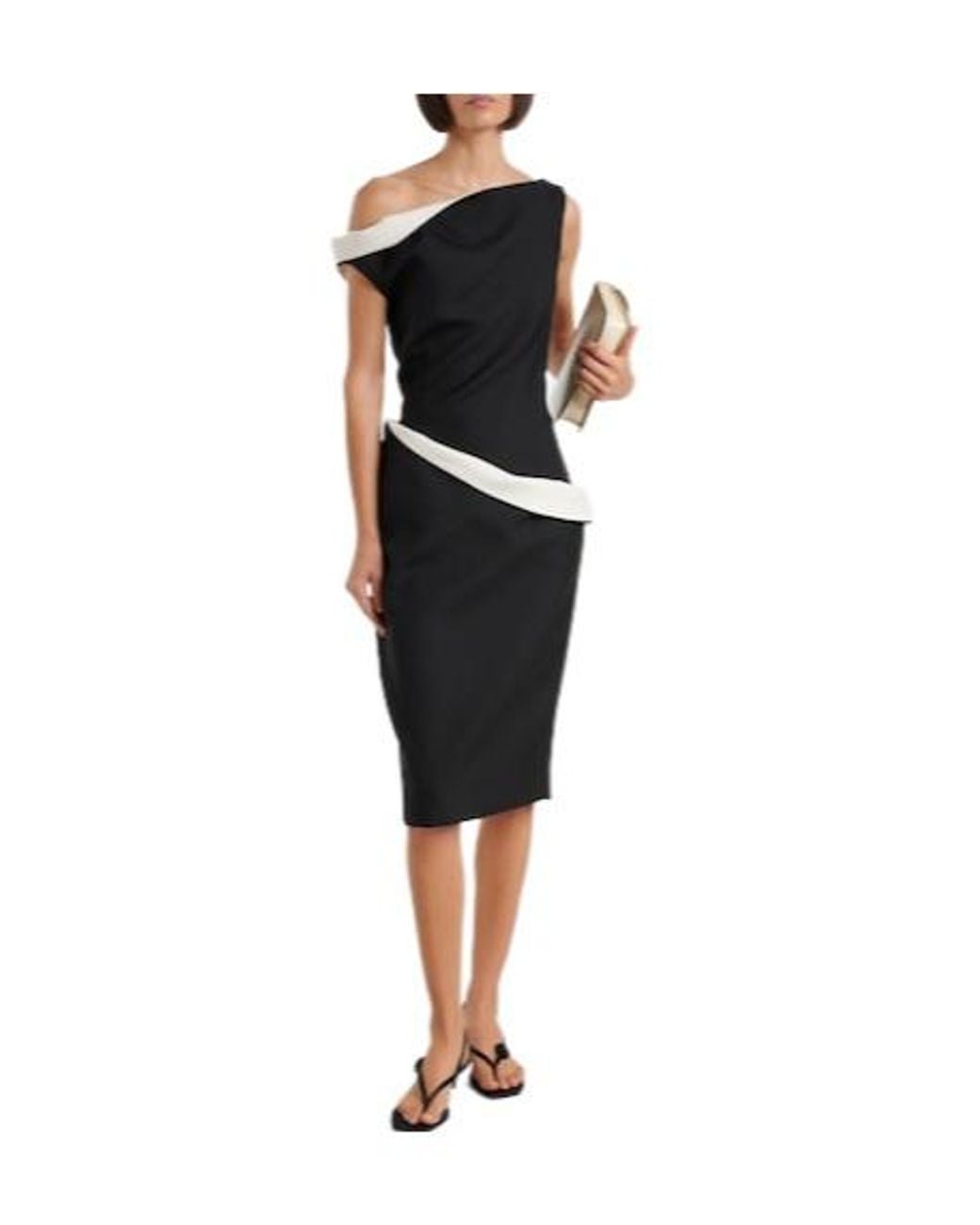Rohe Black Paneled One-Shoulder Wool-Blend Midi Dress