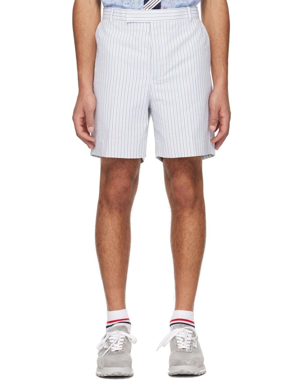 Thom Browne White Logo Tag Striped Seersucker Shorts for men